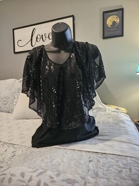 Black Sequin Flutter Sleeve Crop Top